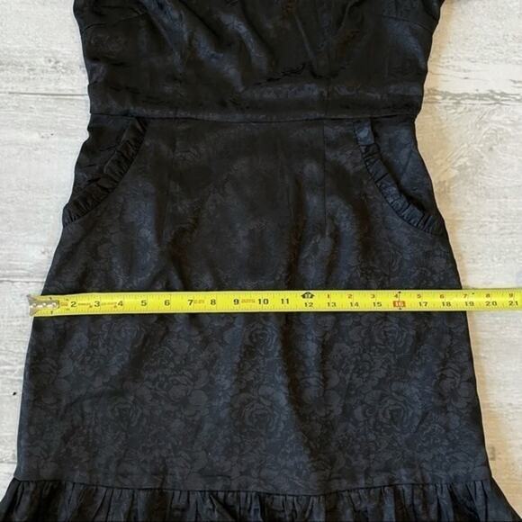 Lulus Black Short Dress Medium Pockets Ruffle Embossed Roses - Picture 6 of 12